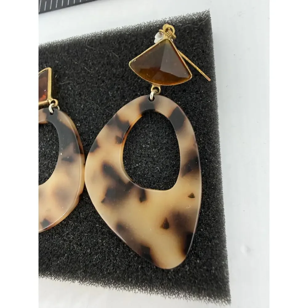 Tortoise Shell Amber Resin Dangle Earrings Geometric Statement Goldtone Boho Mod